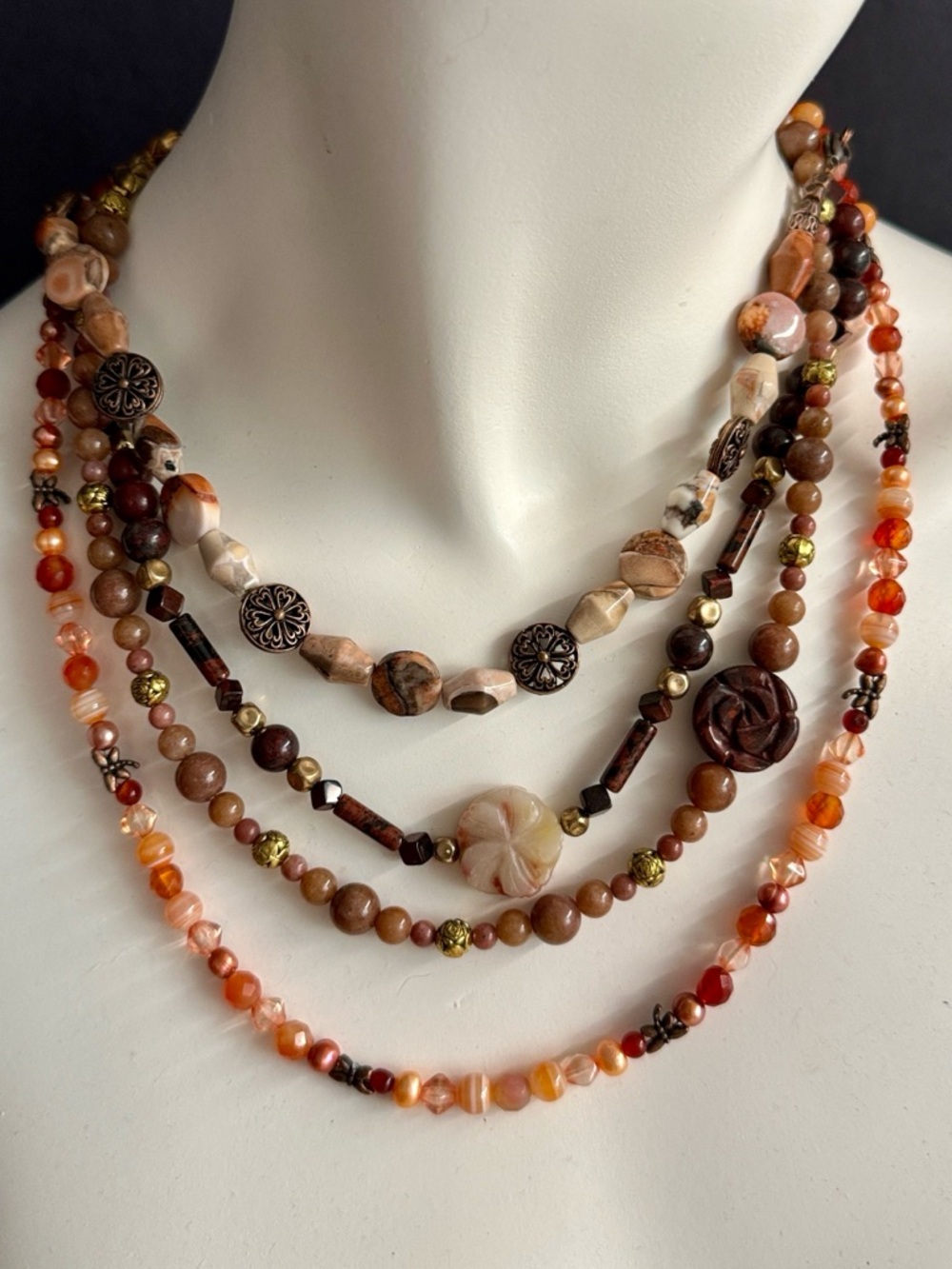 4 Vtg Handmade Carnelian + Agate Beaded Boho Festival Necklaces - Brown & Orange